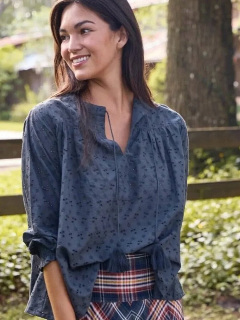 Natural Life "Dara" Charcoal Gray Boho Eyelet Peasant Blouse | Size L NWT
